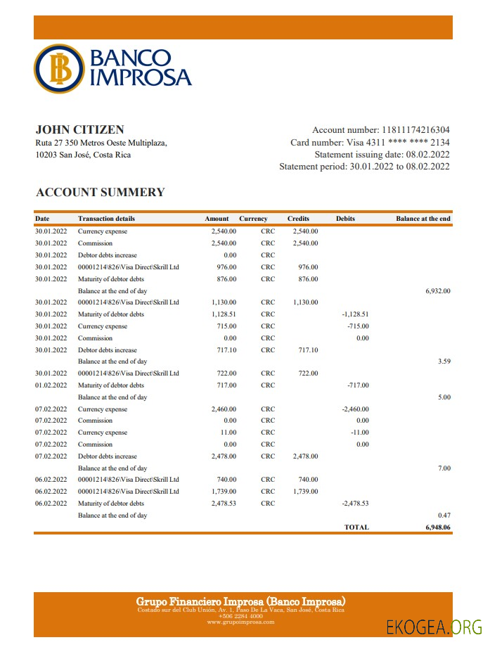Relevé bancaire de la Banco Improsa du Costa Rica xls